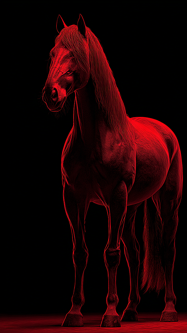 3D风格的虚拟现实马匹，霓虹红光勾勒金属质感轮廓，光影交错营造神秘酷炫氛围，尽显未来科技感。