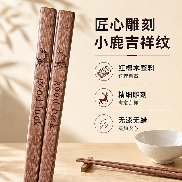 [主图-2] 核心亮点 雕刻工艺与使用价值 小鹿吉祥纹 无漆无蜡更安心
[统一基调] 整体风格为新中式雅致家居风，背景主色为浅米白+浅木色，标题字色为深檀木棕，辅助字色为暖灰，强调色为朱砂红点缀，字体为简洁大气的无衬线中文字体，字号层级分明，卡片与图标采用细描边+轻圆角样式，全套保持统一光源方向（左上自然光）、统一背景体系与统一字体风格。
[画面] 画面左侧为一双红檀木筷子的放大特写，筷子上的小鹿雕刻纹样清晰可见，木纹肌理细腻，占据画面约50%。右侧为信息区，顶部大标题"匠心雕刻 小鹿吉祥纹"，下方分3行列出核心亮点，每行配一个小图标：1. 红檀木整料 纹理自然 2. 精细雕刻 寓意吉祥 3. 无漆无蜡 接触安心。底部有一双筷子平放在浅木色餐桌面上，旁边搭配一只简约白瓷碗作为使用场景点缀，体现餐厨使用氛围。产品保持原图红檀木颜色与小鹿雕刻纹样一致。
[光影质感] 商业摄影质感，左上柔和自然光，筷子木纹与雕刻凹槽有明暗层次，雕刻细节立体清晰，白瓷碗有柔和高光，桌面有自然投影，整体温暖有质感。
[配色] 背景浅米白，桌面浅木色，标题深檀木棕，图标与强调文字朱砂红，辅助说明暖灰色，整体温暖雅致。
[文字版式] 右侧信息区顶部主标题大号粗体深棕色，下方3条亮点垂直排列，每条左侧配圆形小图标，右侧为亮点名称+简短说明，文字左对齐，行间距舒适。底部场景区不加文字，保持画面呼吸感。
[输出要求] 1:1正方形，2048×2048高清，雕刻细节清晰，产品材质真实，文字清晰无错字，无水印，无平台Logo，无变形，无多余杂物。