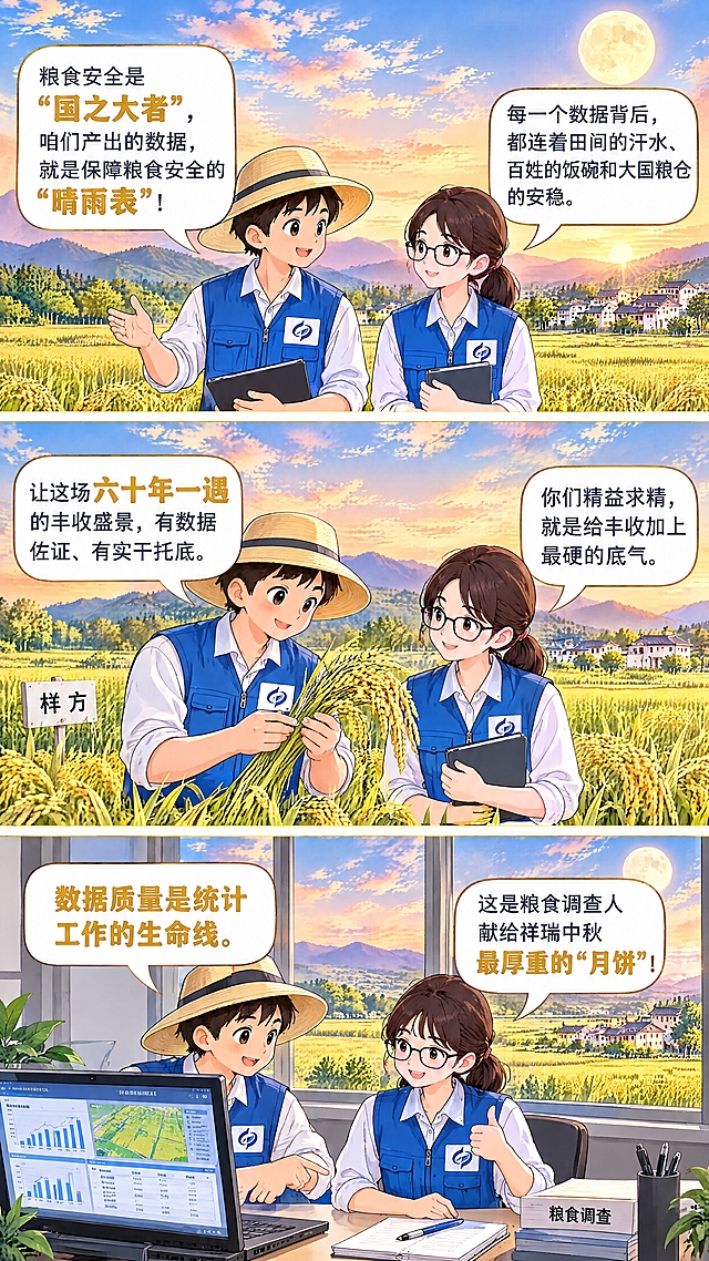 竖版三格漫画长图，动漫插画风格，与中秋丰收系列衔接：柔和黄昏色调，浅蓝天空、暖橙晚霞、金黄稻田、圆月、远山村落，光线明亮，写实卡通、线条简洁、色彩淡雅。

两个动漫主角：青年男粮食调查员（与参考图第二张 https://gd-ai-fts.dancf.com/38003701477918783/transfer/1731844d2d9e4adaa640a6b819b4ec59281635.jpeg 中人物一致：深蓝色调查马甲、米色遮阳帽、胸前带参考图第一张 https://gdesign-dam-hz.dancf.com/37934924259904534/2efc1e69e2584597a729ef97c06d0727.png?x-oss-process=image/resize,l_3000,image/crop,w_3000,h_3000,g_center 的蓝色双弧统计标志）和一位戴眼镜的女同事（穿同款蓝色调查马甲、白衬衫），对话气泡白色清晰。

分三格，对话内容（文字排版要求：每个气泡内所有文字字号完全统一、大小一致，重点词句用金黄色加粗标注但字号与普通文字相同，各格之间字号一致，排版整齐）：

第一格（金黄稻田边）：调查员说：'粮食安全是“国之大者”，咱们产出的数据，就是保障粮食安全的“晴雨表”！'女同事点头：'每一个数据背后，都连着田间的汗水、百姓的饭碗和大国粮仓的安稳。'

第二格（田间样方旁）：调查员手拿稻穗说：'让这场六十年一遇的丰收盛景，有数据佐证、有实干托底。'女同事微笑：'你们精益求精，就是给丰收加上最硬的底气。'

第三格（办公桌前，窗外是稻田）：调查员指屏幕说：'数据质量是统计工作的生命线。'女同事竖起大拇指：'这是粮食调查人献给祥瑞中秋最厚重的“月饼”！'

要求：三格用浅金色细线分隔，重点词句（'国之大者'、'晴雨表'、'六十年一遇'、'数据质量是统计工作的生命线'、'最厚重的“月饼”'）金黄色标注；所有文字字号统一，不大一个小一个；整体自然朴实不浮夸，文字准确无错字，字体清晰适合手机阅读，人物形象与系列完全统一，与前后图片衔接自然。