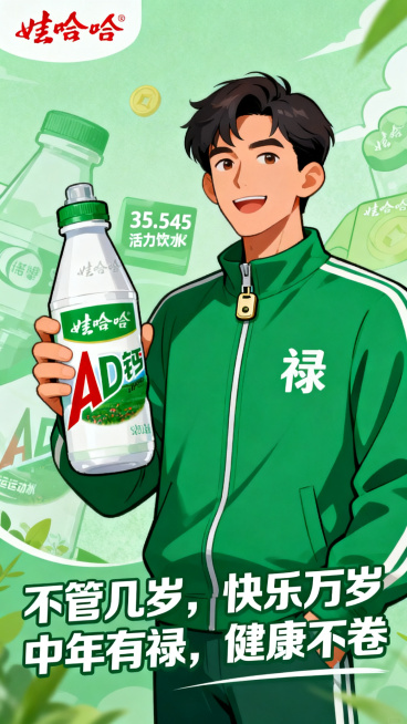 娃哈哈AD钙奶海报，卡通风格，主体是中年禄禄，绿色主调，35-45岁活力男士，绿运动夹克带禄字扣，手持AD钙奶运动水壶，背景带品牌元素，底部加文案“不管几岁，快乐万岁 中年有禄，健康不卷”，清爽活力风预览效果