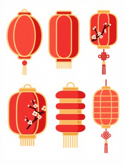 卡通插画风，一组6个红色中国传统灯笼的集合，每个灯笼造型各异，包括圆形、椭圆形、方形、多层叠挂等样式，均以金色线条勾勒轮廓，内部为纯红色填充，部分灯笼装饰有流苏、中国结、梅花图案等传统元素，所有灯笼在纯白色背景上均匀排列，呈现出鲜明的色彩对比和清晰的视觉层次，整体风格喜庆、简洁、具有浓厚的节日氛围和传统韵味。预览效果