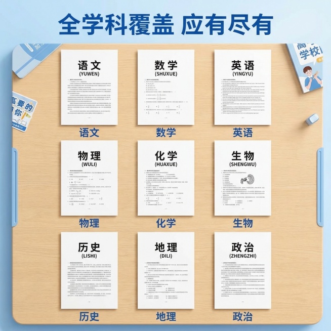 [主图4：全科目覆盖展示] 主图主题：全学科高考试卷覆盖展示；氛围风格：升学风，整齐清晰；画面元素：将语文、数学、英语、物理、化学、生物、历史、地理、政治九科试卷整齐摆放在书桌上，分三行三列排列整齐，预览效果