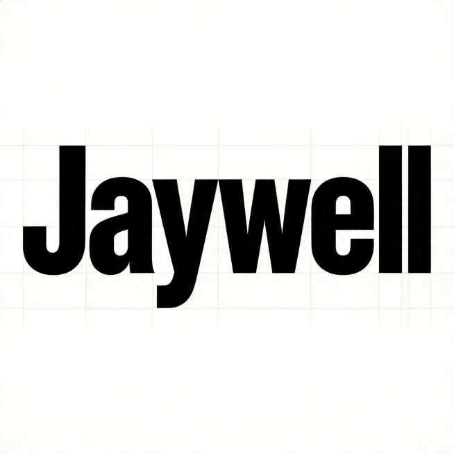 干净的纯透明背景。平面艺术字体设计，主体文字"Jaywell"，所有文字单行横向排列，现代极简无衬线黑体风格，纯黑色字体，几何切割，笔画规整无装饰，无渐变无描边无阴影，简洁干净。仅包含文字："Jayw预览效果