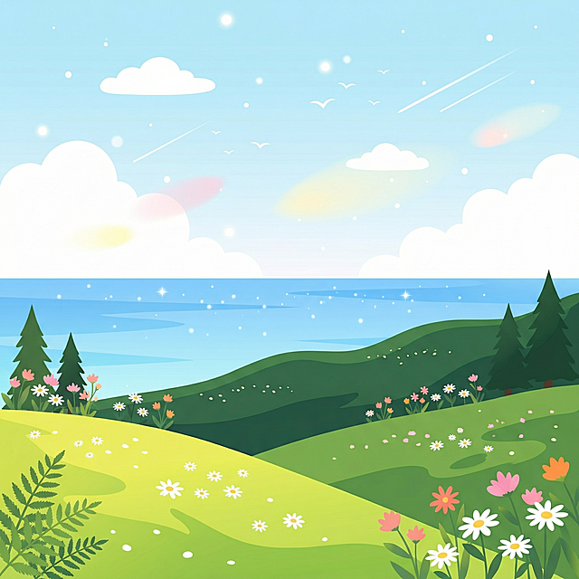 清新梦幻的扁平风插画，水彩质感渲染虚拟自然，柔和色彩营造舒适春日氛围，点缀繁花与飞鸟，传递宁静治愈之感。