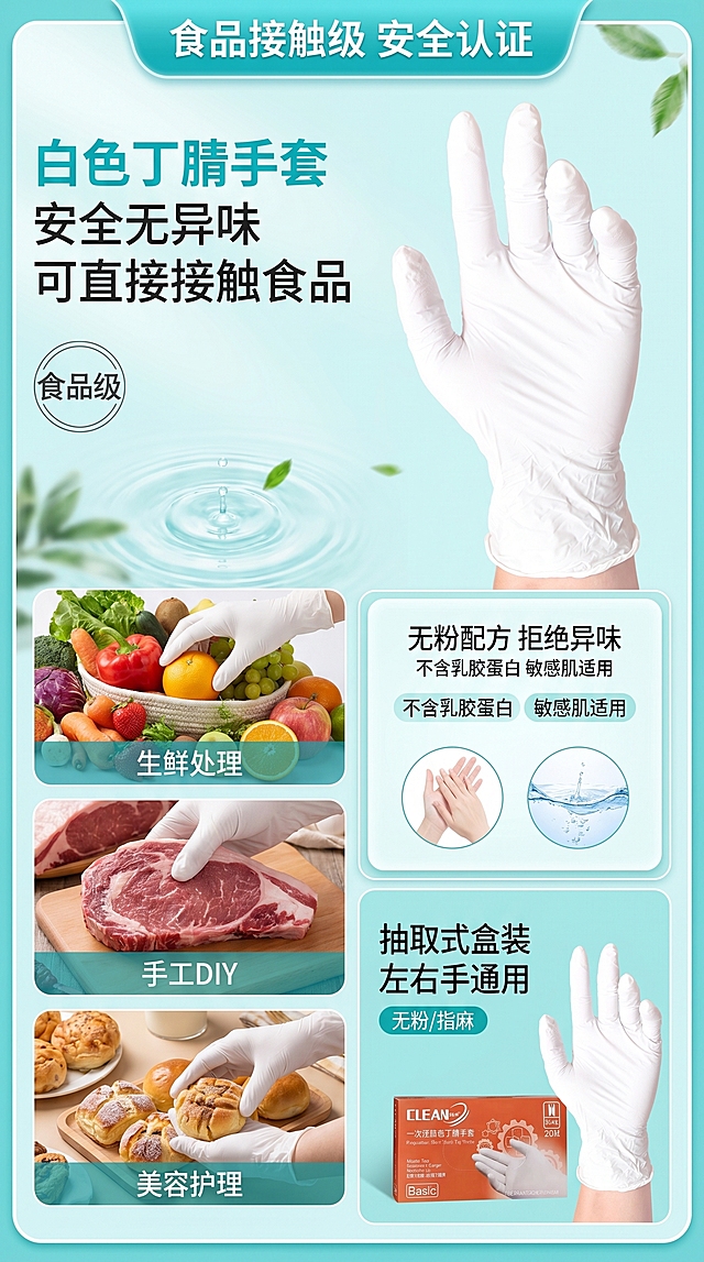 食品接触级安全认证介绍页，突出白色丁腈手套安全无异味可接触食品的特点，保持参考图1的简约清新青绿色设计风格，9:16竖版