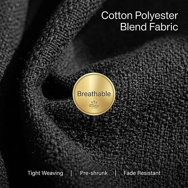 Extreme close-up macro photography of pure black cotton polyester blend curtain fabric, 100% magnification showing the mixed woven texture, soft matte finish, natural side fold showing the good drape, strong light and shadow to emphasize the 3D texture of the blended cotton polyester fiber. Top right title "Cotton Polyester Blend Fabric", centered gold badge "Breathable", bottom three small titles: " Tight Weaving ", " Pre-shrunk ", " Fade Resistant ". All text in English, no frame, minimalist premium style, 1:1 square, photorealistic texture