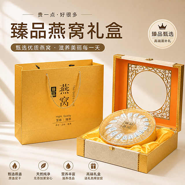 将这张燕窝礼盒电商主图更换为现代简约ins风风格，采用浅米色纯色背景，搭配柔和自然的侧光光影，画面干净通透，燕窝礼盒产品作为绝对主体居中展示，保留商品名称和卖点文字但采用更简洁的无衬线字体排版，整体风格清新高级、简约大气，符合年轻消费群体审美，1:1正方形构图