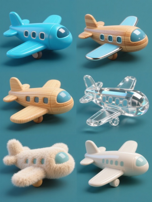 6个不同材质的卡通飞机玩具系列素材集合，规整排列在纯色背景上。每个飞机保持相同的造型和元素内容：流线型机身、蓝色机翼和尾翼、机身上的窗户排列。第一个飞机为光滑塑料材质，色彩鲜艳明快；第二个为木质纹理材质，呈现自然的木纹和暖色调；第三个为金属材质，带有反光效果和冷色调；第四个为毛绒材质，表面柔软有绒毛质感；第五个为透明水晶材质，清澈通透有折射效果；第六个为陶瓷材质，表面光滑细腻有光泽。整体画面色……预览效果