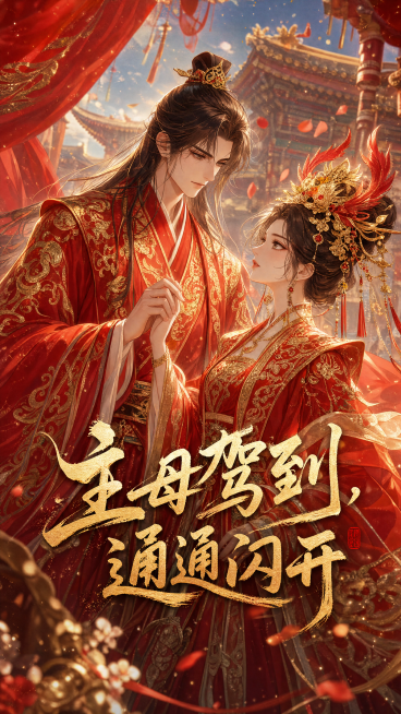 古风漫剧《主母驾到，通通闪开》封面，9:16竖版，图中参考的一男一女穿着中式古风红色婚服，有互动，非纯白背景，古风大气场景，加入剧名文字"主母驾到，通通闪开"预览效果