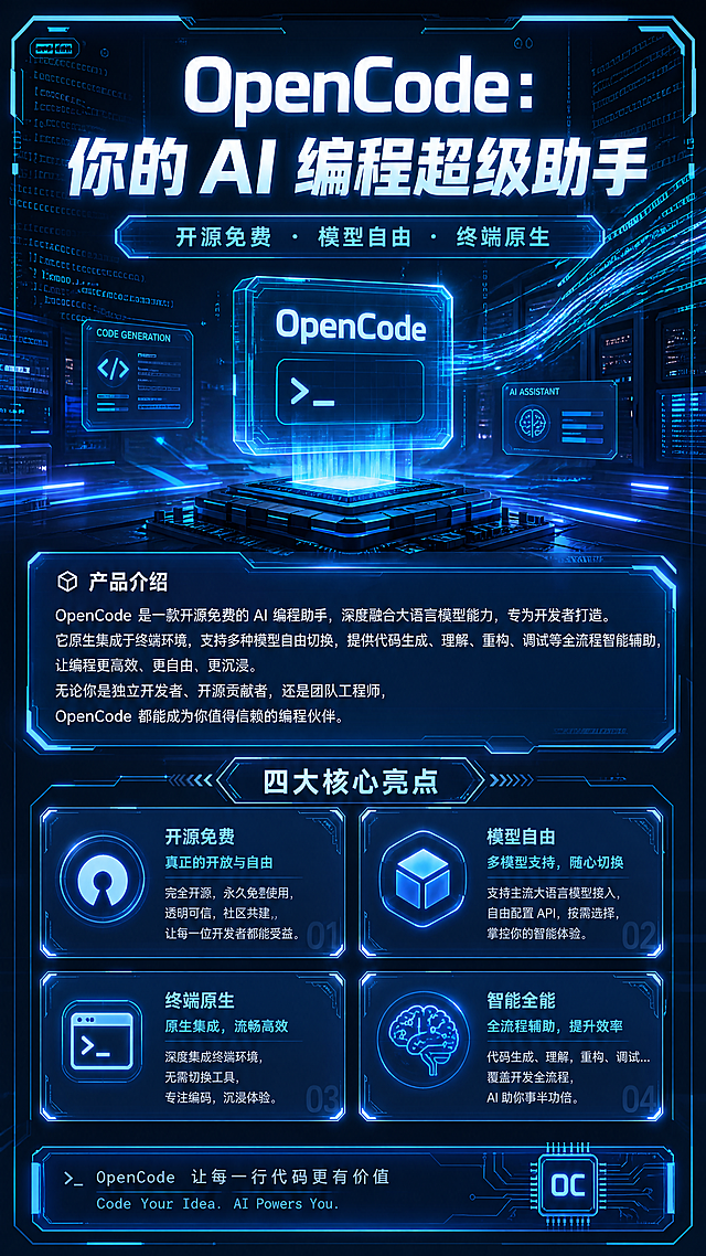 OpenCode科普海报，整体蓝色主题，浓郁科技感风格，添加代码纹路、发光科技元素和赛博未来感设计，文字信息完整：主标题"OpenCode：你的 AI 编程超级助手"，副标题"开源免费 · 模型自由 · 终端原生"，介绍文字和四大核心亮点保持不变，整体质感高级通透