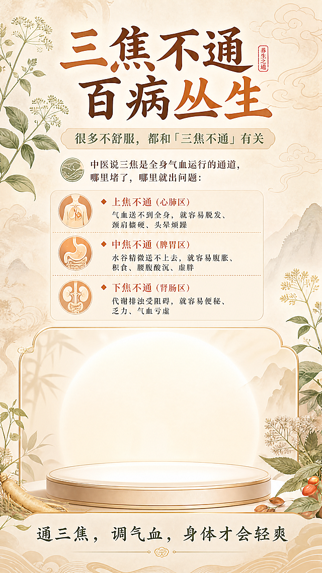 中医养生海报，主题三焦不通养生科普推广，整体风格自然养生风，上方大字标题写"三焦不通 百病丛生"，副标题写"很多不舒服，都和「三焦不通」有关"，接着写文案："中医说三焦是全身气血运行的通道，哪里堵了，哪里就出问题：🔹 上焦不通（心肺区）气血送不到全身，就容易脱发、颈肩僵硬、头晕烦躁🔹 中焦不通（脾胃区）水谷精微送不上去，就容易腹胀、积食、腰腹酸沉、虚胖🔹 下焦不通（肾肠区）代谢排浊受阻碍，就容易便秘、乏力、气血亏虚"，中间预留产品摆放位置，底部写"通三焦，调气血，身体才会轻爽"，背景用暖调中式养生纹理，整体排版清晰整洁，色调温润舒缓