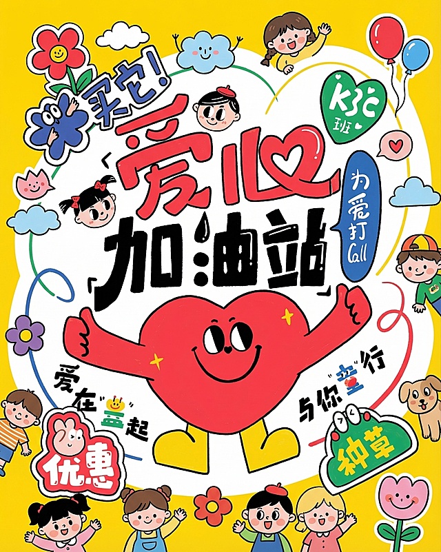 生成和参考图同款的爱心义卖海报，可爱涂鸦手绘风格，黄色背景，红色拟人爱心形象，“爱心加油站”艺术字，搭配可爱小人、装饰贴纸元素，整体活泼童趣