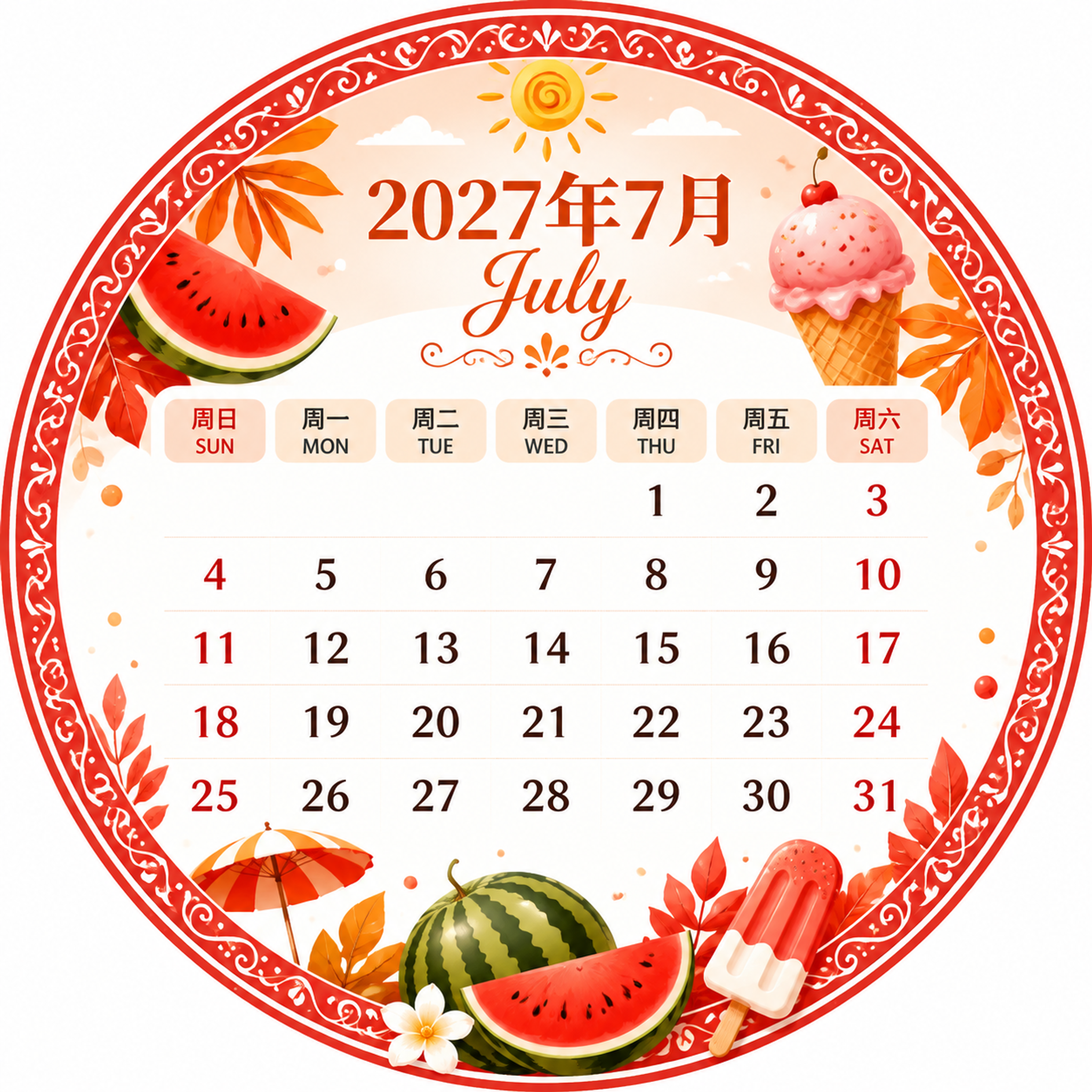 2027年7月圆形日历设计，整体为正圆形构图，圆形内包含完整的… - 图片创意预览