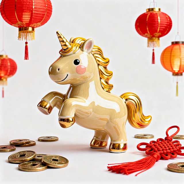 喜庆写实风设计，浅金独角兽小马与红灯笼、古钱币等新年元素结合，营造富贵吉祥的马年氛围