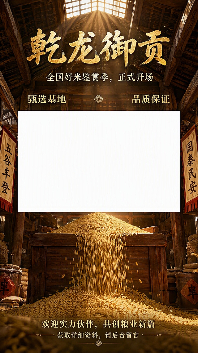 超写实摄影风格，9:16竖屏构图，1080x1920像素。画面中央是一个巨大的干净白色横版矩形留白区域（16:9比例，约864x486像素），白色区域边缘干净利落，像一张白色卡片悬浮在背景之上，占据画面中心位置。背景为高端中式粮仓内部场景，古朴的木质粮仓结构，金黄色的稻谷从木仓中倾泻而出，阳光从天窗洒下形成光束，尘埃在光中飞舞，中式传统建筑美学，超写实细节，厚重历史感。

文字布局（自上而下排列，左右各留10%边距，文字不贴边，上下各留5%安全边距）：
第一层（顶部）：大字标题"乾龙御贡"，金色书法字体，居中排列，庄重大气
第二层：副标题"全国好米鉴赏季，正式开场"，白色或金色字体，居中排列
第三层（左右分栏）：左侧"甄选基地"，右侧"品质保证"，左右对称排列
底部："欢迎实力伙伴，共创粮业新篇"和"获取详细资料，请后台留言"，居中排列

中央白色矩形区域内为纯白色留白，背景文字围绕白色区域排布，白色区域上方和下方都有文字，整体构图平衡，高端商业海报质感，超写实细节，4K超清画质