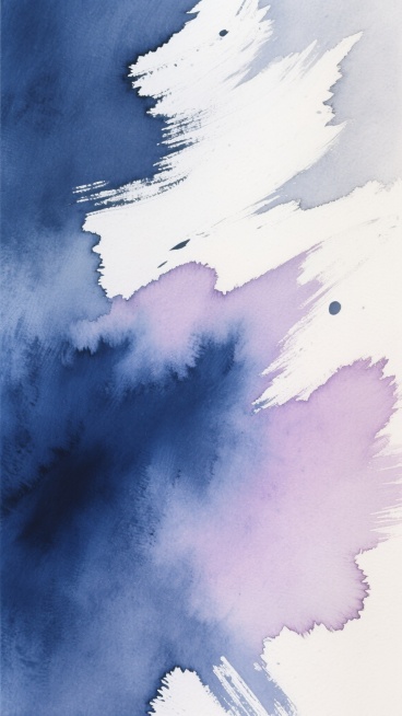 一幅采用水彩晕染技法创作的抽象背景图，画面中保留了原图中粗犷奔放的白色与浅灰色笔触纹理、自然流淌的水墨效果以及柔和的光影过渡，整体呈现出朦胧而富有层次感的视觉效果，现改变配色为深邃的靛蓝色与柔和的粉紫色交织，色彩间自然融合，保持水彩特有的透明感与流动性，营造出宁静而神秘的氛围。预览效果