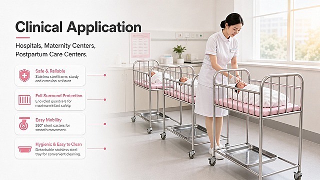 [商品] 使用【图1】【图2】【图7】E-BB003不锈钢婴儿床；保留不锈钢管框架、粉色床垫、下层不锈钢托盘、四根立柱带脚轮的整体结构、四面护栏、金属银色质感；婴儿床朝向、比例、部件与原图一致，不改变结构和颜色。
[画面] 页面目标：展示医院婴儿室临床应用场景，传递专业温馨的医疗氛围。构图：左文右图，左侧约40%留白放文案，右侧约60%为明亮整洁的医院婴儿室场景。主体：3-4张同款E-BB003婴儿床整齐排列在婴儿室内，每张床上有襁褓婴儿，一位穿白色护士服的亚洲女护士在旁温柔照看婴儿。景别：中全景。前中后景：前景婴儿床清晰、中景护士与婴儿互动、后景窗户透进柔和阳光，窗外虚化。阅读动线：从左上标题到右侧场景。
[视觉] 套系策略：风格=医疗专业商业摄影，洁净温馨；标题字=现代无衬线粗体（英文）；正文字=简洁无衬线体（英文）；主色=医疗白+不锈钢银灰；背景延展=基于白色和浅灰做洁净医疗空间延展，带柔和自然光感；强调色=柔和粉色（呼应床垫），仅用于小面积标签、引线和高亮；标题色=深炭灰；正文色=中灰；组件=圆角浅底信息卡、细线引线、简洁图标；光影=左前侧柔和自然光，模拟窗户阳光，整体明亮通透。
[文字] 左上区域放主标题和副标题。主标题：Clinical Application；副标题：Hospitals, Maternity Centers, Postpartum Care Centers. 文字横向排版，不遮挡婴儿床主体和护士人物。文字区占画面左侧约40%，层级清晰，手机端可读。
[规格] 图片比例16:9横版，4K分辨率。负向提示：避免变形、错字、文字过小、婴儿床结构改变、颜色偏差、昏暗压抑、杂乱、人物表情不自然、医疗设备过于拥挤。