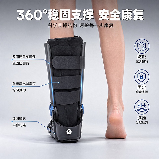 [主图-7] 可调式气囊跟腱靴 稳固支撑结构 全包裹防护
[统一基调] 京东风格 简洁稳重 浅灰渐变背景 主色深蓝灰 辅助色医疗蓝 标题白色粗黑体 说明文字深灰 整体高信息密度满版构图 文字占比小于30%
[画面] 画面中心展示可调式气囊跟腱靴穿戴在腿上的后侧视角 突出双侧支撑条结构 产品占画面约60% 周围用引线标注结构 双侧硬质支撑条 稳固防侧翻 多段魔术贴绑带 均匀受力 加固鞋底 平稳行走 顶部主标题 360°稳固支撑 安全康复 右侧加三个图标式卖点 防旋 固定 减压
[光影质感] 商业摄影质感 后侧视角展示支撑条结构 硬质塑料高光清晰 绑带层次分明 腿部肌肉自然 底部投影真实
[配色] 背景浅灰渐变 产品黑色 引线和图标蓝色 标题白色 标注文字深灰
[文字版式] 主标题顶部大号粗黑体白色 引线标注文字小号深灰 右侧三个图标加文字竖排 图标蓝色 文字深灰
[输出要求] 1:1正方形 2048x2048 后侧结构清晰 支撑条突出 文字可读 无错字 无水印 无平台Logo 只展示小腿和脚部