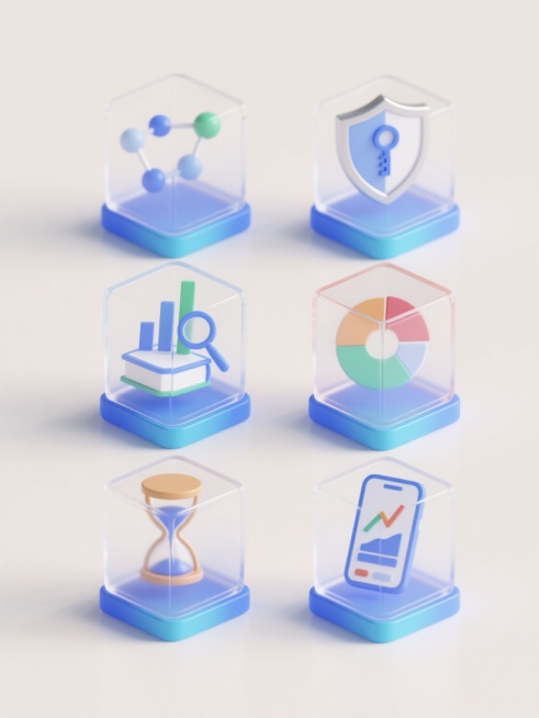 六个不同配色、不同样式、不同材质的UI图标造型，每个图标被透明立方体容器包裹，容器底部有蓝色渐变底座，整体呈现出简约现代的3D立体风格，采用上下两行三列的对齐排列方式，背景为浅色，图标包括分子结构、带钥匙的盾牌、书本、柱状图、带放大镜的图表、饼图、沙漏、折线图、手机界面等不同功能概念，光影柔和，边缘清晰，色彩明快，具有科技感和专业感。预览效果