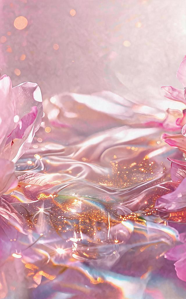移除画面中心的冷萃茶产品，保留原有完整背景：柔和渐变浅粉流动液态介质背景，布满顺滑起伏波浪波纹；液体内部铺满细腻鎏金闪粉细闪；画面遍布大小错落暖金色圆形散景光斑，表层折射细长金色水光高光；全局柔和暖漫射柔光，粉金马卡龙温柔低饱和色系，通透珠光朦胧柔焦质感，8K 超清，波光细腻、金闪颗粒清晰，保留两侧粉色花瓣，保持背景完整统一，没有产品，填充自然延续的液态背景