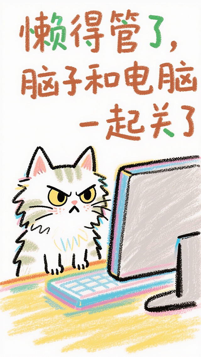 小猫生气的看着电脑，艺术大字“懒得管了，脑子和电脑一起关了“