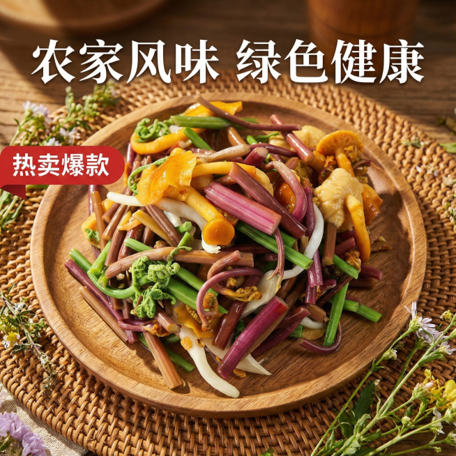 我的产品是森林小炒山野菜  帮我做20张拼多多高级主图预览效果