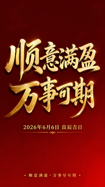 黄金国潮风格竖版朋友圈海报，背景为深红色渐变（上深下浅），去除祥云、回纹等复杂装饰元素，仅保留纯净渐变底色。主文案"顺意满盈 万事可期"用烫金书法字体居中放大展示，副标题"2026年6月6日 良辰吉日预览效果