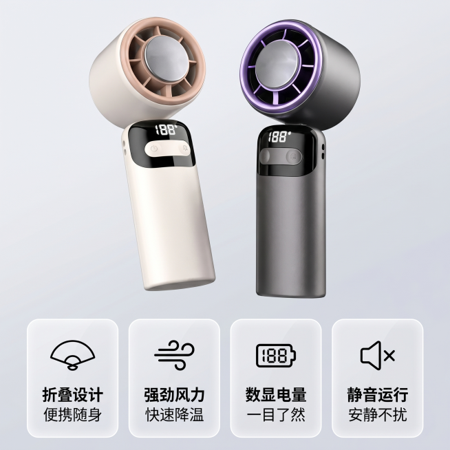 [主图 2] 手持风扇核心卖点阵列展示主图。
[氛围风格] 干净简约科技风，信息清晰易读。
[画质] 商业摄影质感、光线通透、产品清晰真实、画面干净高级。
[元素] 折叠手持风扇主体放置在画面上半部分预览效果