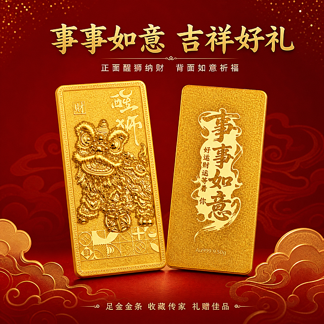 [主图-3] 礼赠寓意与双面展示，呈现金条正反两面设计，强化事事如意吉祥寓意与礼赠价值。
[统一基调] 国潮喜庆高端风格，正红色渐变背景，金色主标题字，米白色辅助字色，强调色为烫金亮金色；字体采用书法感宋体与衬线黑体搭配，字号层级分明，标题最大最粗，辅助文字缩小60%以上；画面元素含祥云纹、暗纹底纹，整体精致克制，无廉价描边字。
[画面] 画面中并排放置两根金条，左侧为醒狮浮雕正面，右侧为事事如意文字背面，两根金条呈轻微V字形摆放，中间留有空隙，整体占画面约65%；背景为正红色到酒红色的渐变，底部有淡金色祥云图案装饰，上方点缀细碎金粉；金条下方有柔和接触阴影，自然摆放不悬浮；画面上方或下方放置寓意文案，突出吉祥礼赠属性。
[光影质感] 商业珠宝摄影质感，柔和顶光与侧光结合，两根金条光影统一协调，金属表面高光自然，浮雕与文字细节清晰，整体通透干净。
[配色] 背景主色正红到酒红渐变，文字主色烫金色，辅助文字米白色；红色背景与金色金条形成强烈视觉对比，喜庆大气。
[文字版式] 画面顶部居中主标题「事事如意 吉祥好礼」，烫金色大号书法宋体；主标题下方一行小字「正面醒狮纳财 背面如意祈福」，米白色小号黑体；画面底部居中一行「足金金条 收藏传家 礼赠佳品」，金色更小字号；文字均居中对齐，放在上下负空间，不遮挡金条主体。
[输出要求] 1:1正方形比例，2048*2048像素，文字清晰可读，金条正反两面细节清晰，画面干净高级；禁止变形、错字、模糊、杂乱、水印、平台Logo、二维码、绝对化用语。