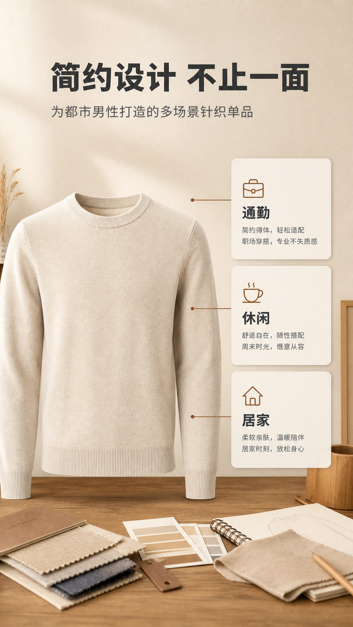 [商品] 使用【图1】燕麦杏色男士圆领针织毛衣；商品处理：保留… - 图片创意预览