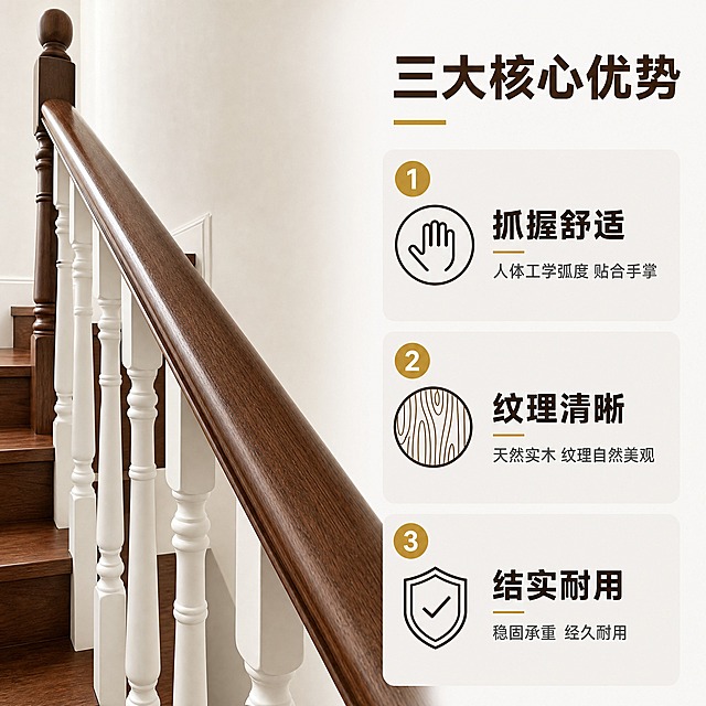 [主图-2] 核心亮点图，突出抓握舒适与结实耐用的产品优势，用编号卖点导图结构清晰呈现核心价值。
[统一基调] 整体风格为现代简约家装风，背景主色为米白+浅胡桃木色，标题字色为深胡桃木色，辅助字色为深灰色，强调色为暖金色；字体为无衬线粗体，标题大号加粗，辅助文字缩小50%以上；卡片用细圆角浅灰底，整体干净专业不花哨。
[画面] 画面左侧约60%区域是楼梯扶手近景特写，视角与人手扶握高度一致，扶手从左下延伸至右上，清晰展示深胡桃木色实木扶手的圆润截面和光滑表面；画面右侧40%区域为白色背景的信息区，用编号列出3个核心卖点，每个卖点配一个简约线性图标；扶手下方可见几级踏步和白色栏杆，保持产品外观与输入图一致。
[光影质感] 商业摄影质感，柔和侧光打在扶手上，形成自然的明暗过渡，木质纹理清晰细腻，扶手圆弧处有柔和高光体现光滑手感；阴影自然不生硬。
[配色] 主色深胡桃木色+白色+米白背景，强调色暖金色用于编号圆点。
[文字版式] 顶部大标题「三大核心优势」；右侧编号卖点：1号「抓握舒适」配手型图标，下方小字「人体工学弧度 贴合手掌」；2号「纹理清晰」配木纹图标，下方小字「天然实木 纹理自然美观」；3号「结实耐用」配盾牌图标，下方小字「稳固承重 经久耐用」；文字横排左对齐，层级分明。
[输出要求] 比例1:1，2048x2048，文字清晰可读，产品清晰不变形，无错字，无水印，无平台Logo，扶手纹理清晰。
