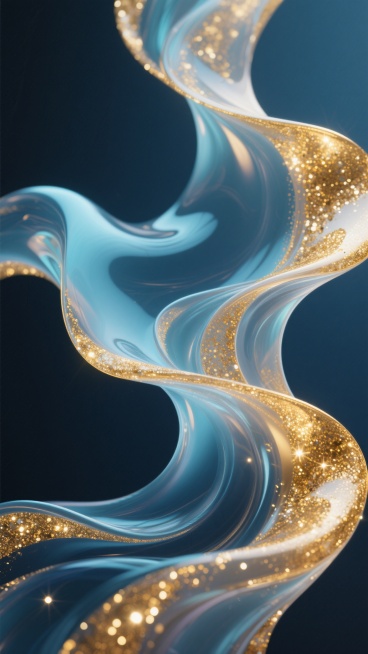 一张具有流动感的3D渲染海报，画面主体为飘逸灵动的半透明流体形态，以深蓝、湖蓝和金色渐变为主色调，金色的亮片和闪光点缀在流体的边缘和转折处，营造出优雅、奢华、现代的氛围。流体形态呈现出自然的波浪状曲线，光影效果柔和，高光部分明亮但不过曝，阴影部分深邃但不沉闷，整体色彩和谐统一，具有强烈的视觉冲击力和艺术美感。预览效果