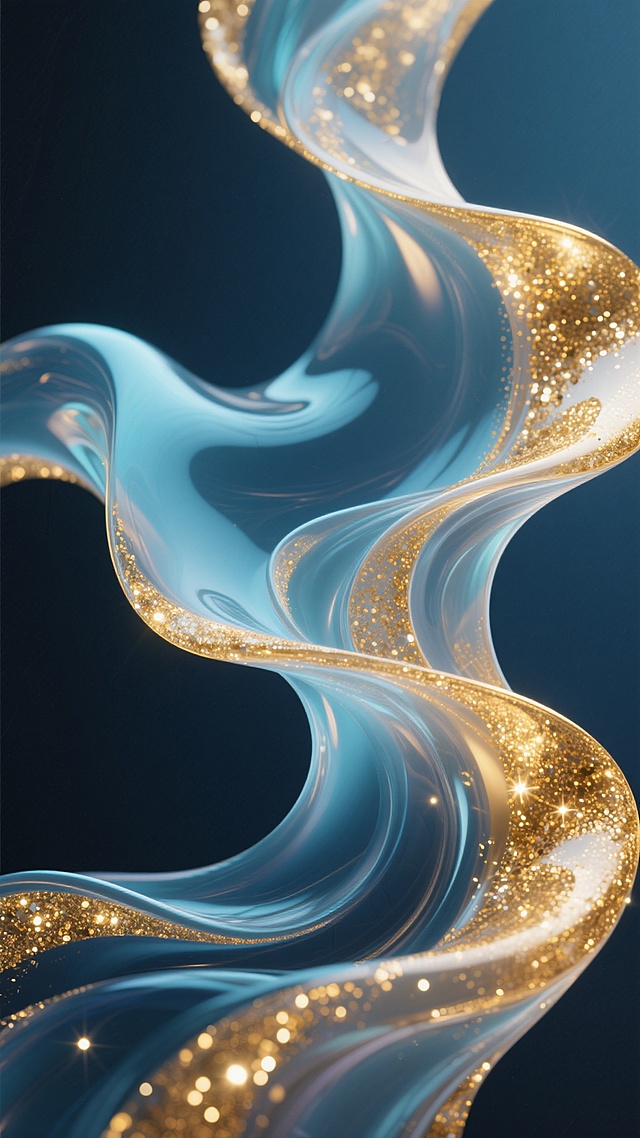 一张具有流动感的3D渲染海报，画面主体为飘逸灵动的半透明流体形态，以深蓝、湖蓝和金色渐变为主色调，金色的亮片和闪光点缀在流体的边缘和转折处，营造出优雅、奢华、现代的氛围。流体形态呈现出自然的波浪状曲线，光影效果柔和，高光部分明亮但不过曝，阴影部分深邃但不沉闷，整体色彩和谐统一，具有强烈的视觉冲击力和艺术美感。