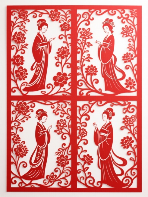 四宫格布局，每个格子内是不同造型的古典仕女剪纸侧面剪影，均饰以繁复精致花卉与卷草纹样，保持正红与纯白高对比配色，线条流畅细腻、图案对称工整，纯色背景突出镂空与纹样细节，尽显东方美学与传统手工艺精致感预览效果