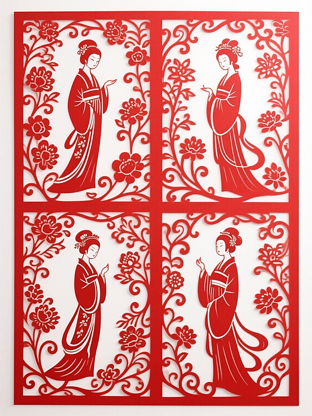四宫格布局，每个格子内是不同造型的古典仕女剪纸侧面剪影，均饰以繁复精致花卉与卷草纹样，保持正红与纯白高对比配色，线条流畅细腻、图案对称工整，纯色背景突出镂空与纹样细节，尽显东方美学与传统手工艺精致感