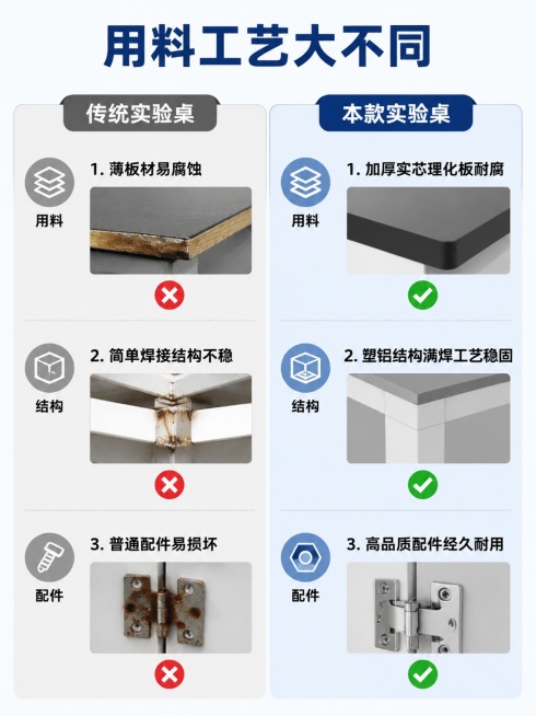 [第6屏] 理性对比，本款实验桌和传统普通实验桌在结构、用料、工艺上的对比。本屏无需放置整产品图，使用对比排版。
[氛围/风格] 清晰直观对比风，简洁专业，信息对比一目了然。
[元素布局] 顶部主标题预览效果