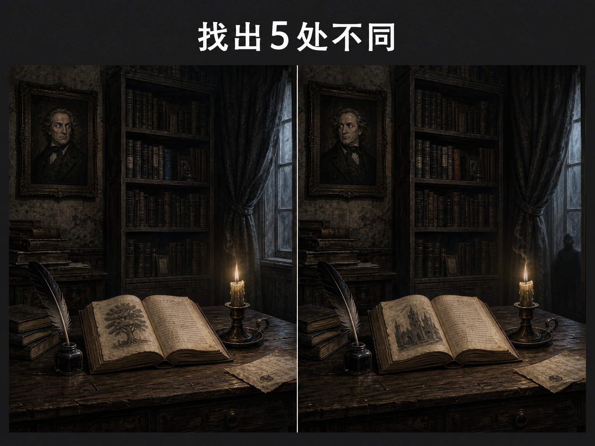 一张悬疑风格的找不同游戏图，深灰色纯色背景。画面中央是左右并排… - 图片创意预览
