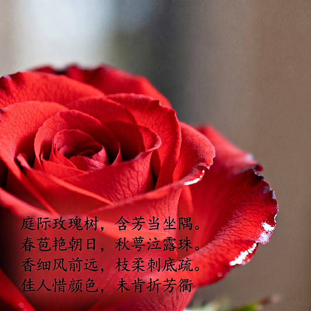 将图片中的文字改为黑体隶书三号字体，对古诗文字做拉伸变形处理，不改变原图红色玫瑰图案背景，保持整体构图不变
