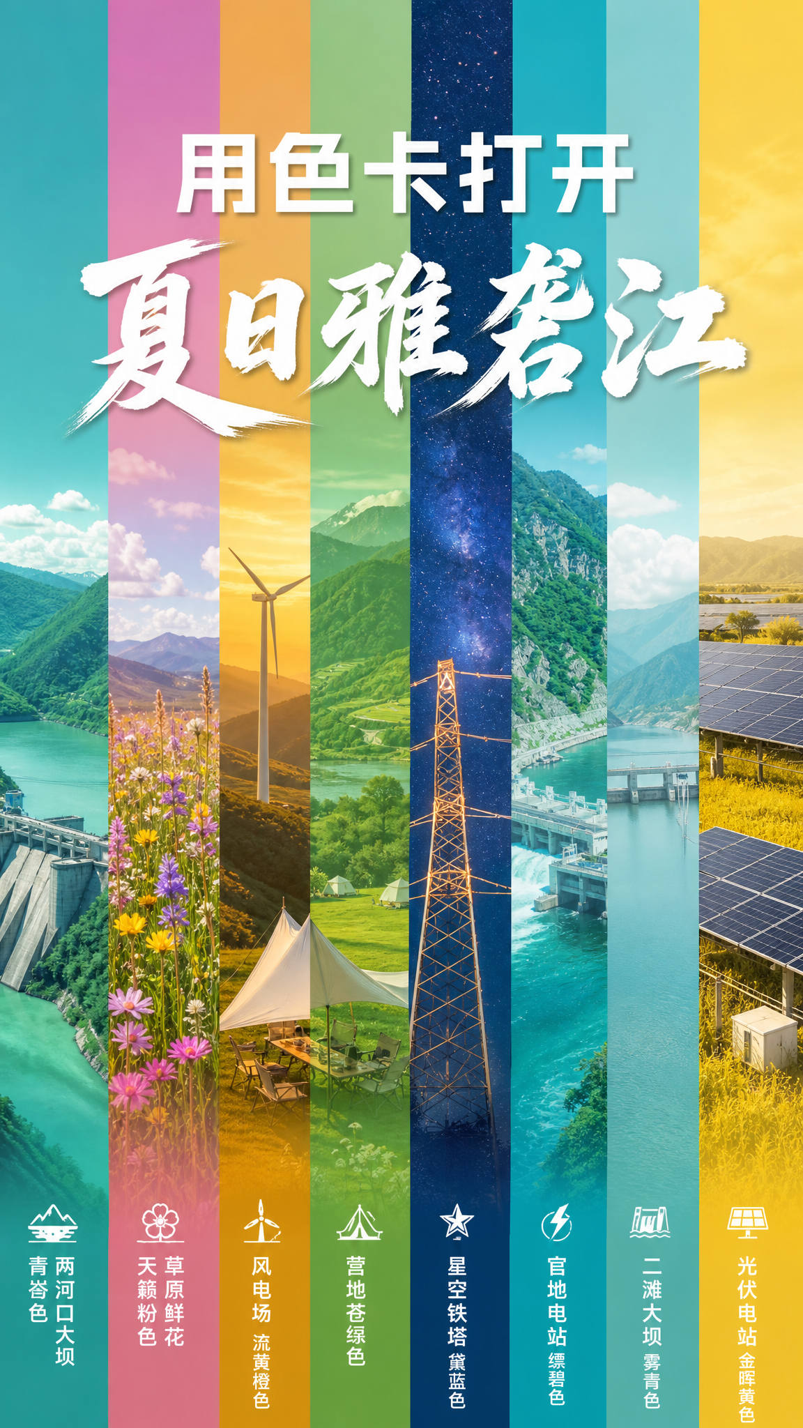 制作一张竖版色卡拼接海报，画面由8条等宽的垂直彩色色带从左到右… - 图片创意预览