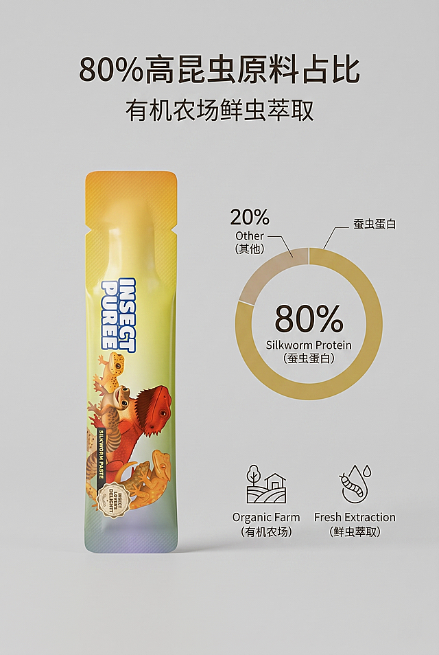严格还原上传产品参考图，精准复刻包装设计、产品配色，去掉品牌logo，保留其他图案元素及细节，无任何偏差，色彩无失真；产品与画面中其他物体的比例遵循真实物理空间逻辑，视觉协调，比例还原1:1，杜绝比例失衡、视觉突兀。画面比例为2:3竖版，高级简约ins风，莫兰迪浅灰纯色背景，柔和自然光从画面左侧45°入射，无强反光无重阴影，光影过渡自然，300dpi超高清；主标题居上居中："80%高昆虫原料占比"，副标题下方居中："有机农场鲜虫萃取"；信息布局：画面中放置单支产品，旁配简约可视化比例饼图，直观展示蚕虫蛋白占比；排版形式：左产品右示意图，居中留白杂志排版；设计细节：线条风简约图标，低饱和配色，文字层级分明，保持全篇统一视觉风格。15屏色调/字体/光影/装饰元素统一