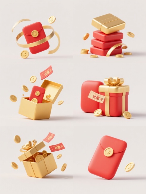 一套6张的系列素材集合，每张素材均为规整排布的单一元素图案，简约现代风格，纯色背景。第一张：金色礼盒微微打开，红色红包和金币从中溢出，金色丝带飘逸环绕；第二张：红色红包堆叠，顶部露出金色礼盒一角，金币散落在红包周围；第三张：金色礼物盒居中，盒盖打开，红包和金币从盒内飞出，几条金色优惠券呈弧形飘落；第四张：红色红包和金色礼物盒并排放置，金币在两者之间滚动，一条优惠券连接两者；第五张：金色礼物盒倾……预览效果