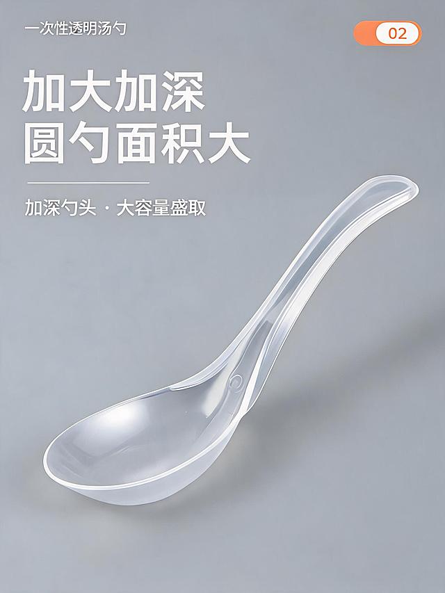 1688电商详情页，卖点主题"加大加深 圆勺面积大"，单独展示一把透明一次性勺子，突出勺子加大加深大容量特点，简约清晰背景，适合批发平台