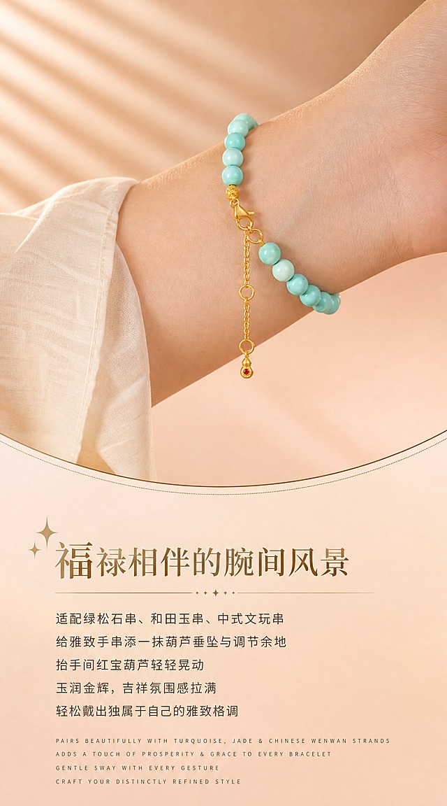 【第8张·葫芦款佩戴页】
[商品] 使用小葫芦延长链搭配绿松石手串图；将延长链与手串佩戴在女性手腕上，展示真实佩戴效果；严格还原足金原色、古法金磨砂质感、葫芦造型和红宝石镶嵌；手串珠子颜色和金色配件保持原样。
[画面] 画面上半部分为女性手腕侧戴手串特写，葫芦延长链自然垂坠在手串扣头处，随手腕角度呈现优雅弧度，手腕穿着浅色米白衣袖。背景为暖杏色到蜜桃裸粉色的柔和渐变，有柔和百叶窗光影斜射。下半部分为文案区域，有弧形过渡。产品占画面50%。
[视觉] 套系策略：风格=高端轻奢珠宝商业摄影；主标题字=精致衬线体，浅金棕色；单品标题字=中号无衬线体；正文字=小号无衬线体，深咖暖灰色；英文字=细体无衬线，拉开字距；主色=暖杏蜜桃裸粉渐变；背景延展=暖杏色到裸粉色柔和渐变，细腻哑光质感，弧形过渡分隔上下区域；强调色=浅金棕色；组件=细金线+星光装饰分隔；光影=左前侧暖柔光，金属高光细腻柔和，皮肤质感自然。
[文字] 画面下方左对齐或居中排版：主标题"福禄相伴的腕间风景"（精致衬线体，浅金棕色），标题左侧有星光装饰，标题下方有细金线分隔。下方正文5行："适配绿松石串、和田玉串、中式文玩串""给雅致手串添一抹葫芦垂坠与调节余地""抬手间红宝葫芦轻轻晃动""玉润金辉，吉祥氛围感拉满""轻松戴出独属于自己的雅致格调"（小号无衬线体，深咖暖灰色）。最底部4行英文小字，细体无衬线拉开字距："PAIRS BEAUTIFULLY WITH TURQUOISE, JADE & CHINESE WENWAN STRANDS""ADDS A TOUCH OF PROSPERITY & GRACE TO EVERY BRACELET""GENTLE SWAY WITH EVERY GESTURE""CRAFT YOUR DISTINCTLY REFINED STYLE"。文字不遮挡手腕和产品。
[规格] 宽度850px，长竖版比例约1:1.8，2K，quality=high。避免手部不自然、延长链佩戴方式错误、黄金发白、文字遮挡产品。