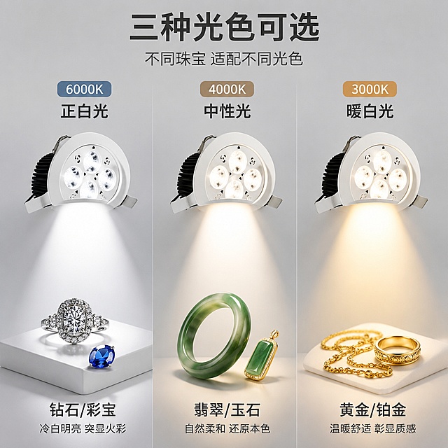 [第9屏] 光色选择-嵌入式珠宝灯多光色效果展示。本屏使用【图1】作为产品主体，展示三种光色效果。
[氛围/风格] 高端照明展示风格，浅色系对比布局，1688批发多规格展示，商业摄影质感。
[元素布局] 画面横向分为三栏，每栏展示一种光色效果：左栏「正白光 6000K」- 冷白明亮光束，适合钻石彩宝；中栏「中性光 4000K」- 自然柔和光束，适合翡翠玉石；右栏「暖白光 3000K」- 温暖金黄光束，适合黄金铂金；每栏顶部有同款嵌入式灯具向下发光，下方有对应珠宝展示效果；三盏灯具外观均与【图1】一致；背景为浅灰到中灰渐变，突出不同光色的光束差异。
[光影质感] 三束不同色温的光束清晰可见，光色区别明显；珠宝在对应光色下呈现不同质感，真实自然。
[配色色系] 全局底色 #EAEAEA 浅灰渐变；主色三种光色（冷白/自然白/暖黄）；辅助色白色灯具、深灰文字、金色珠宝。
[视角构图] 三栏等宽并列，阅读动线从左到右对比浏览。
[文字版式] 顶部主标题「三种光色可选」，副标题「不同珠宝 适配不同光色」；每栏上方有色温标签和光色名称；下方有适用珠宝说明：「钻石/彩宝」「翡翠/玉石」「黄金/铂金」；文字清晰不遮挡光束。
[比例分辨率] 1:1 方图比例，4K分辨率，文字清晰可辨，高清画质。
[负向提示词] 产品变形，光色不自然，珠宝模糊，水印，文字错乱，色温区分不明显。