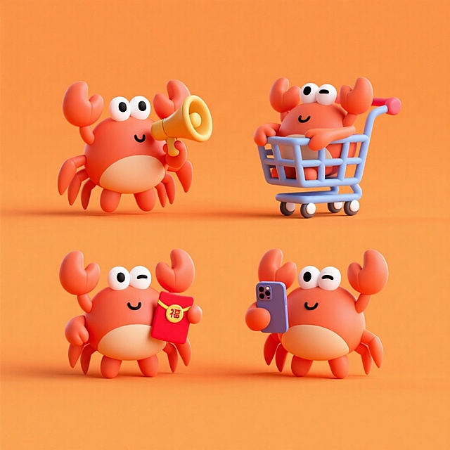 4个同角色不同动作的拟人化的螃蟹：1、拿着喇叭，2、坐在购物车里，3、拿着红包，4、拿着手机。橙色背景，上下两行，排列整齐