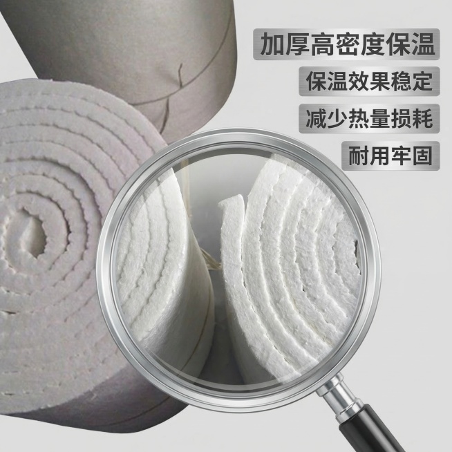 防火包裹材质细节放大主图，放大镜特效突出展示产品玻纤布硅酸铝保温材质切面，清晰呈现高密度纤维纹理，旁附卖点文字：加厚高密度保温 保温效果稳定 减少热量损耗 耐用牢固，工业专业风格，银灰主色调，背景为干预览效果