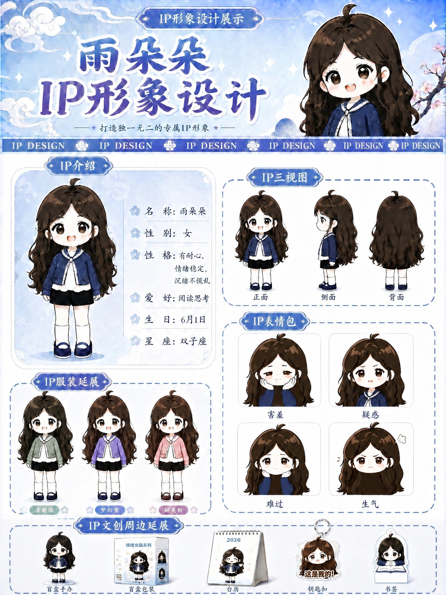 修改这张雨朵朵IP形象设计展板，只调整底部"IP文创周边延展"… - 图片创意预览