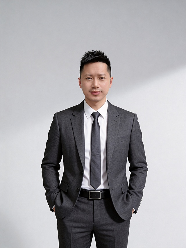 参考第一张图保留人物脸型､年龄等特征生成职场形象照,参考第二张图人物占位和比例,标准焦段50mm,F/4光圈(F/2.8-F/4区间),平视视角(镜头与人物视线齐平);人物占画面70%,人物居中(居中构图),位于画面中心,为视觉聚焦点,入境范围头部及以下至臀部区域(半身像);左右留少量背景空间;头部与画面顶部保留5%空间;头部发型完整;肤质白皙细腻,头肩比例协调,身穿修身精纺羊毛混纺面料的深灰色西装外套,平驳领(商务感正式感);内搭白色翻领衬衣,搭配高级深灰色领带(含5%桑蚕丝提升柔光质感),下装精纺羊毛混纺面料的高级深灰色西裤(面料同西装),搭配暗色哑光皮带(宽1.5cm),带扣为长方形拉丝黑色金属(1.8cm×2.5cm);呈正面双手插兜的自然站立姿态:肩颈自然松弛下沉,姿态自信从容｡正式严谨专业稳重,身形匀称,姿态端正｡发梢微微修整干练大气,主体锐利,影棚侧光布光(主光来自画面前方),明暗过渡柔和,背景光线均匀,强化色彩对比的高级感｡哑光极简浅灰度纯色背景(呈现均匀柔和质感),极简干净;32K画质超高分辨率､细节清晰,整体风格雅致､兼具现代精致感;肤质精细化处理;眼神直视镜头,目光坚定且澄澈,表情自然.嘴角上扬;肌肤白皙透亮,柔光提亮,细腻无瑕,通透高级,干净清透肤质,肤色均匀,柔光美白细腻陶瓷肌肤,自然提亮,光影柔和通透水光肌,肤质细腻平滑干净哑光肤质,无油光无暗沉,肤色均匀提亮;杰作,最佳画质,超高细节,写实摄影,中近景人像,面部清晰,五官精致,皮肤细腻通透,白皙清透皮肤,干净肤色,健康肤色,无蜡黄,无暗沉,无黄皮,柔光,正面补光,面部光线均匀明亮,无浓重阴影,冷色调白平衡,画面干净清新,色调明亮,对焦清晰,肤质细腻,高清皮肤细节;面部光比1:1.5,4800K中性光,微微修饰脸型,肤质哑光细腻,面部微微雾面柔光,轻透裸肌感,真实毛孔纹理,32K画质,去除人物之外的所有元素｡严格按照第一张图内容生成｡