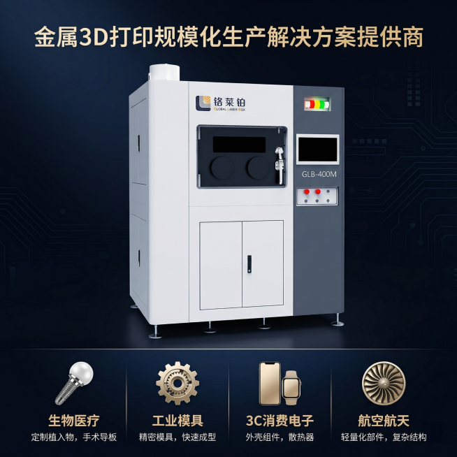 基于原图生成一张高大上的产品介绍图，1比1构图，保留原始3D打印设备，整合展示：“金属3D打印规模化生产解决方案提供商”四大应用方向：生物医疗、工业模具、3C消费电子，整体风格高端商务科技，深色渐变背预览效果
