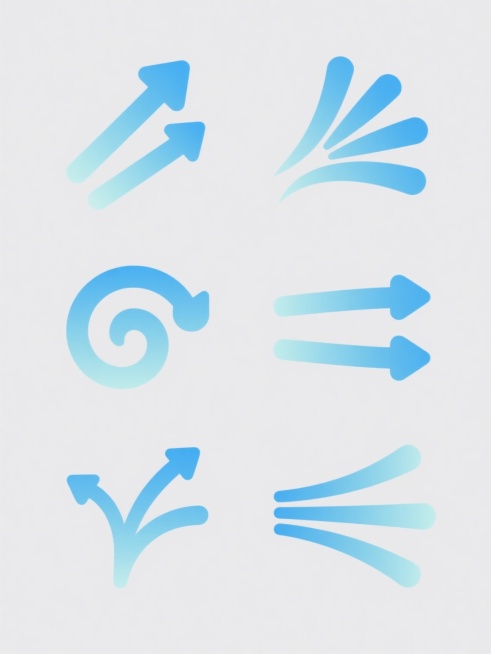 白色纯色背景，极简风格，6个完全不同的气流图标元素规整排布。每个图标采用统一的浅蓝色渐变填充，线条流畅圆润，箭头尖锐清晰，具有轻盈通透的视觉效果。图标形态包括：向上汇聚的三股平行气流、呈扇形展开的多向气流、螺旋上升的涡流、左右对冲的两股气流、分叉后再汇合的复杂气流路径，以及呈放射状扩散的气流束。所有元素保持一致的设计语言和视觉权重，整体布局均衡，信息传达简洁明了，符合现代UI设计的审美需求。预览效果